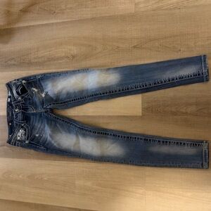 Miss Me Blue and Gray Skinny Jeans with Distressed Details